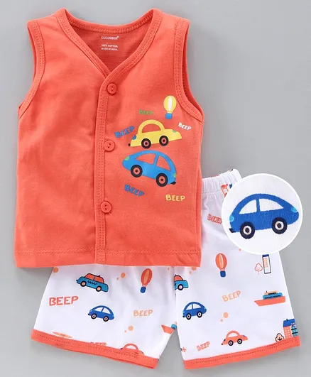 Cucumber Sleeveless Night Suit Car Print - Orange