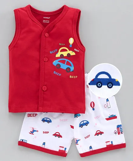 Cucumber Sleeveless Night Suit Car Print - Red