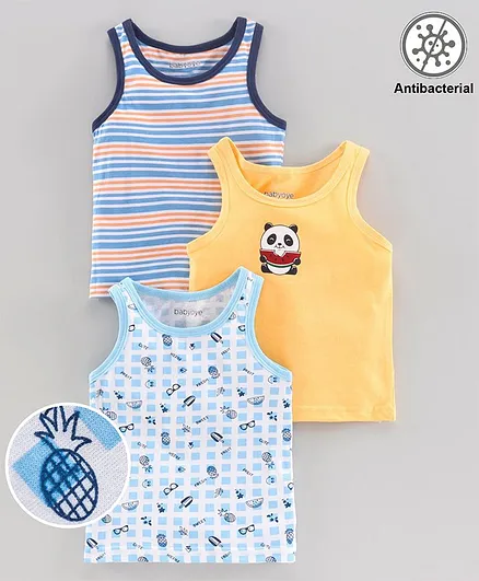 Babyoye Cotton Sleeveless Vests Multiprint Pack of 3 - Blue Yellow