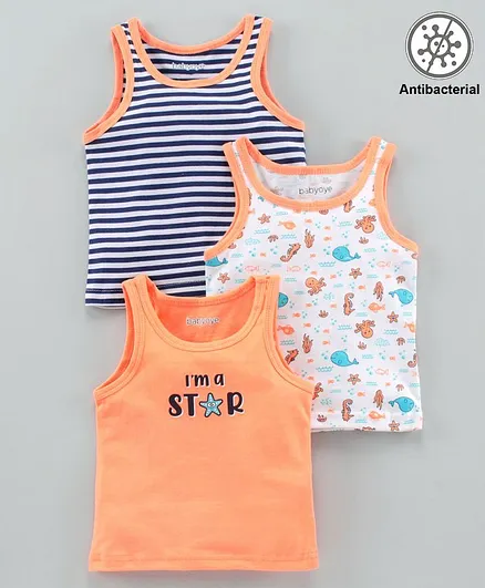 Babyoye Cotton Sleeveless Vests Sea Animals Print Pack of 3 - Orange White