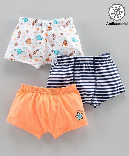 Babyoye Cotton Trunks Star Fish Print Pack of 3 - Orange Navy Blue White