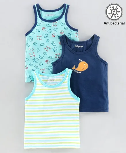 Babyoye Cotton Sleeveless Vests Sea Animals Print Pack of 3 - Blue Whitw