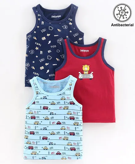 Babyoye Cotton Sleeveless Vests Multiprint Pack of 3 - Blue Red