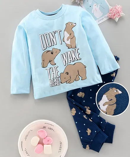 Babyhug Full Sleeves Night Suit Bear Print - Blue