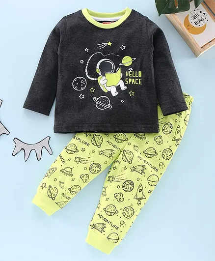 Babyhug Full Sleeves Night Suit Space Print - Green