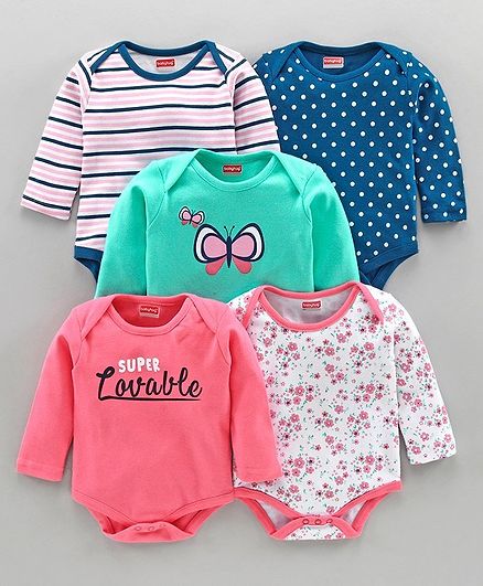 Babyhug 100% Cotton Full Sleeves Onesie Striped & Allover Print Pack of 5 - Green White Blue