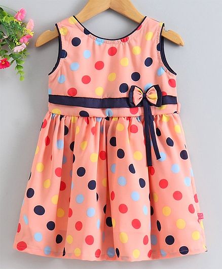 Twetoons Knee Length Sleevless Frock Dots Print - Peach