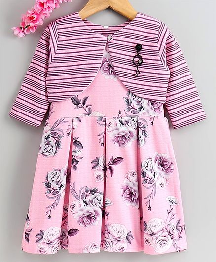 Twetoons Frock with Full Sleeves Shrug Floral Print - Pink