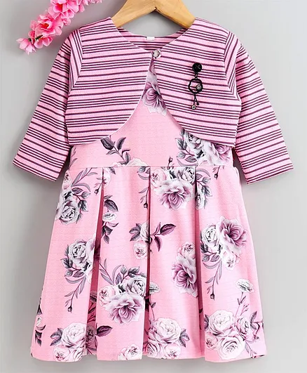 Twetoons Frock with Full Sleeves Shrug Floral Print - Pink