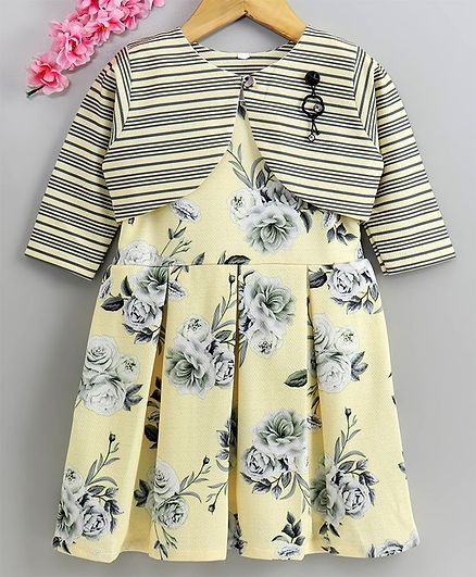Twetoons Frock with Full Sleeves Shrug Floral Print - Yellow