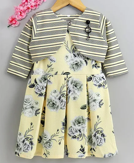 Twetoons Frock with Full Sleeves Shrug Floral Print - Yellow