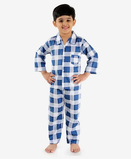 KID1 Full Sleeves Checked Night Suit - Blue