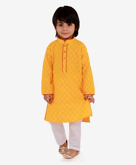 KID1 Full Sleeves Chevron Weave Handloom Kurta & Pajama Set - Yellow