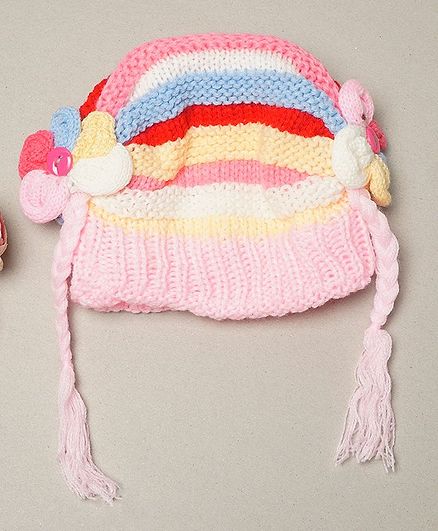TMW Kids Preety Flower Applique Ears Multi Stripe Knitted Woolen Cap With Braids - Light Pink