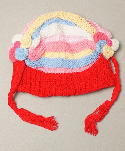 TMW Kids Preety Flower Applique Ears Multi Stripe Knitted Woolen Cap With Braids - Red