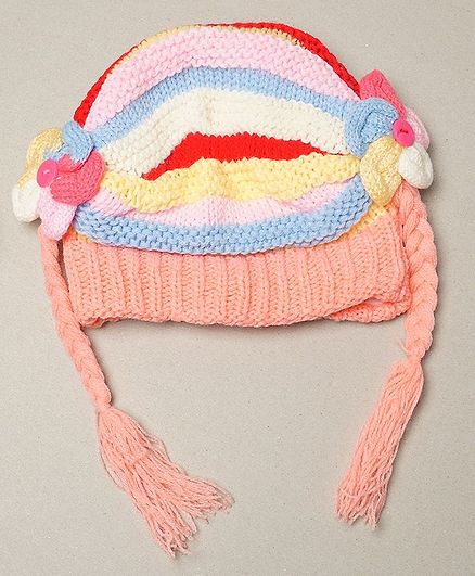 TMW Kids Preety Flower Applique Ears Multi Stripe Knitted Woolen Cap With Braids - Light Peach