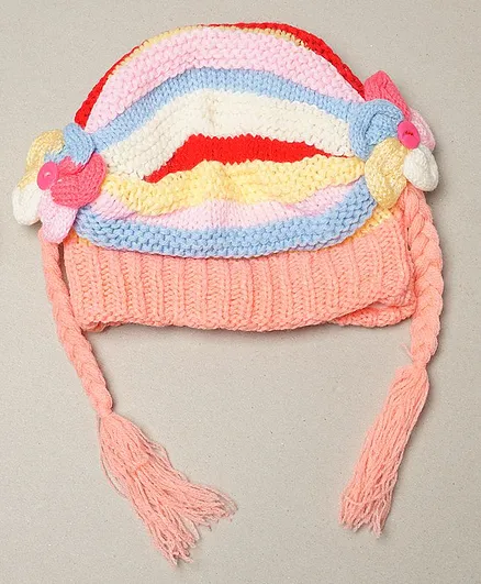 TMW Kids Preety Flower Applique Ears Multi Stripe Knitted Woolen Cap With Braids - Light Peach