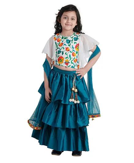 AJ Dezines Half Sleeves Floral Embroidered Choli With Lehenga & Dupatta - Green