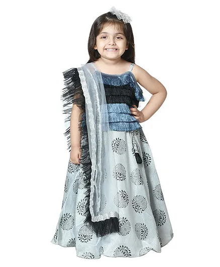 AJ Dezines Sleeveless Choli With All Over Printed Lehenga & Dupatta - Grey