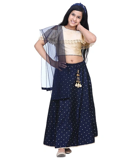 AJ Dezines Half Sleeves Cold Shoulder Lace Detailing Choli With Printed Lehenga & Choli - Navy Blue