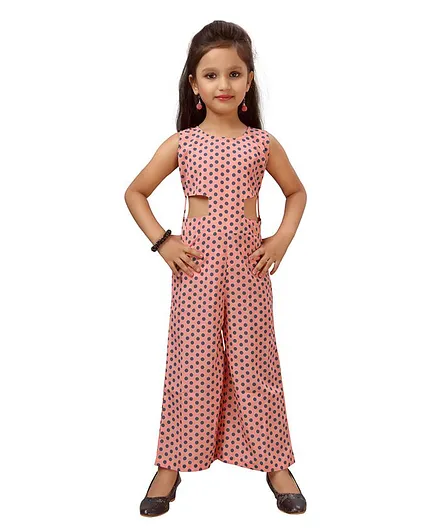 AJ Dezines Polka Dot Printed Sleeveless Cut Out Detailing Jumpsuit - Peach