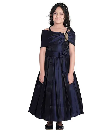 AJ Dezines Half Sleeves Golden Brooch Detailing Gown - Navy Blue