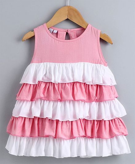 Little Carrot Sleeveless Solid Colour Frill Layered Dress - Light Pink & White
