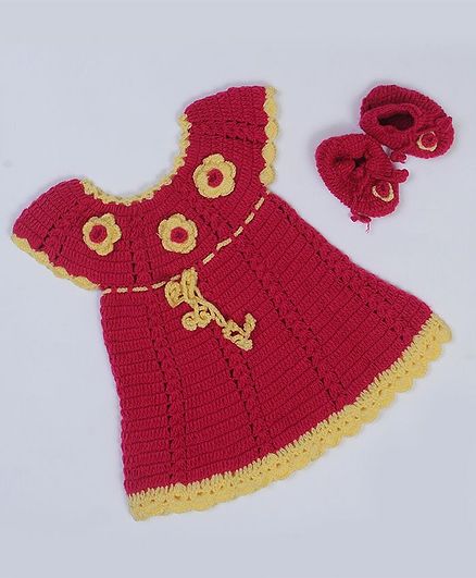 USHA ENTERPRISES Short Sleeves Floral Applique Dress With Booties - Red