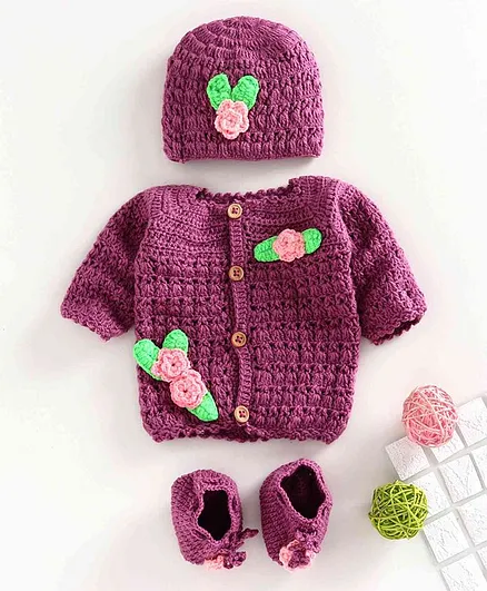 USHA ENTERPRISES Full Sleeves Floral Applique Sweater With Cap & Booties - Purple