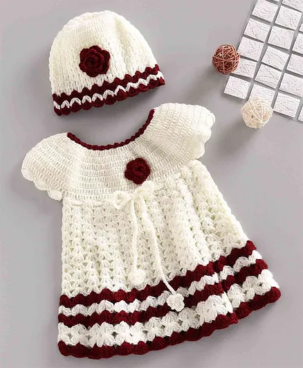 USHA ENTERPRISES Short Sleeves Floral Crochet Dress With Cap - Cream