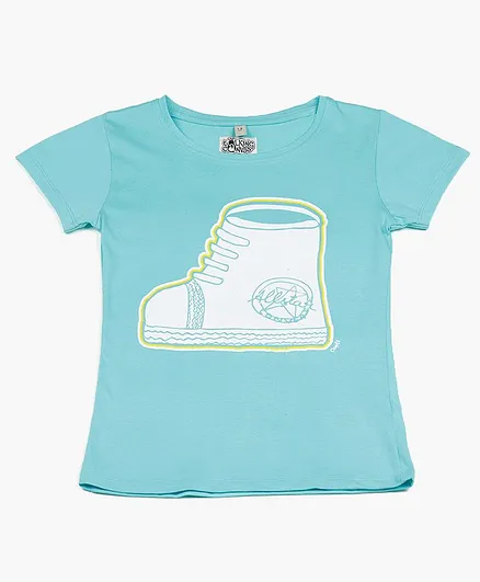 The Talking Canvas Half Sleeves Shoe Print Detailing Top - Light Blue