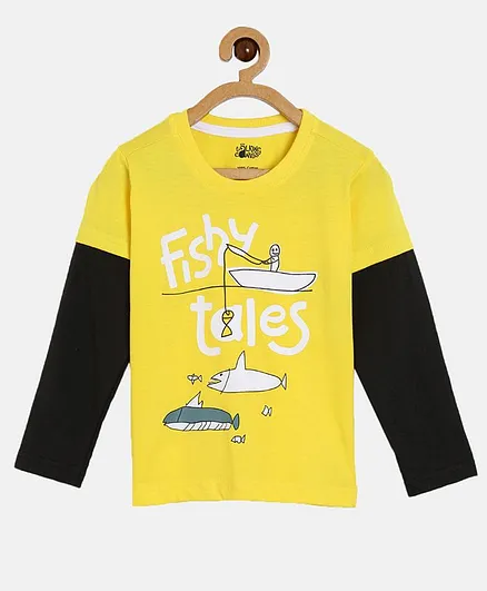 The Talking Canvas Full Doctor Sleeves Fishy Tales Printed Tee - Yellow
