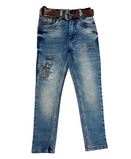 LEO Back Elastic Full Length Ribbed Jeans - Blue