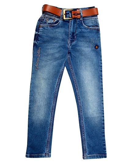 LEO Back Elastic Full Length Ribbed Jeans - Dark Blue