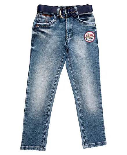LEO Back Elastic Full Length Patch Detailed Jeans - Blue
