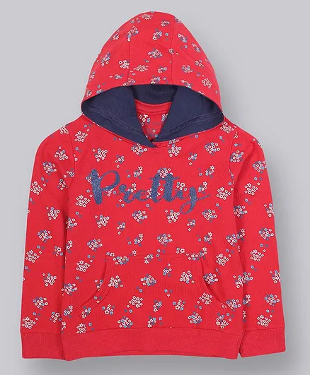 Plum Tree Full Sleeves Floral Print Hoodie - Red