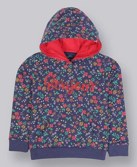 Plum Tree Full Sleeves Floral Bonjour Print Hoodie - Steel Blue