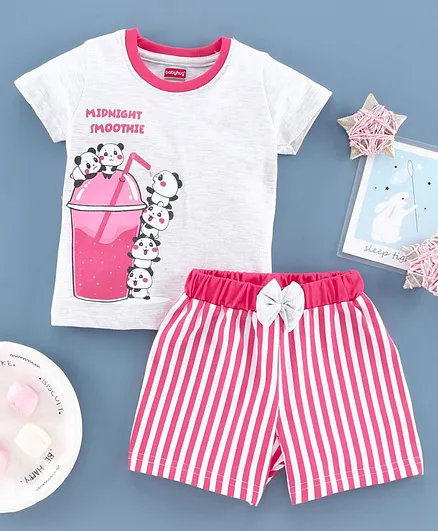 Babyhug Half Sleeves Night Suit Panda Print - Pink
