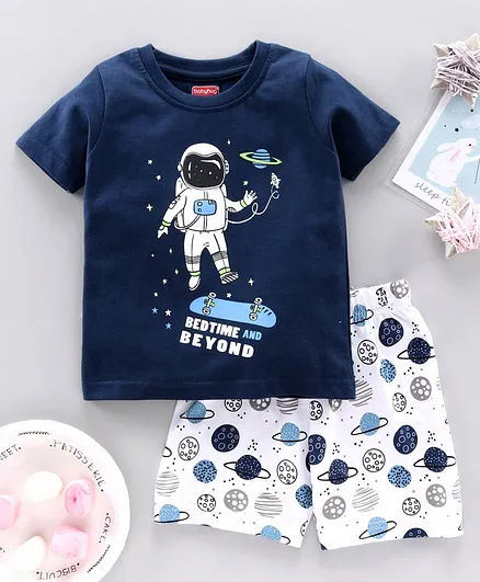 Babyhug Half Sleeves Night Suit Astronaut Print - Navy Blue White
