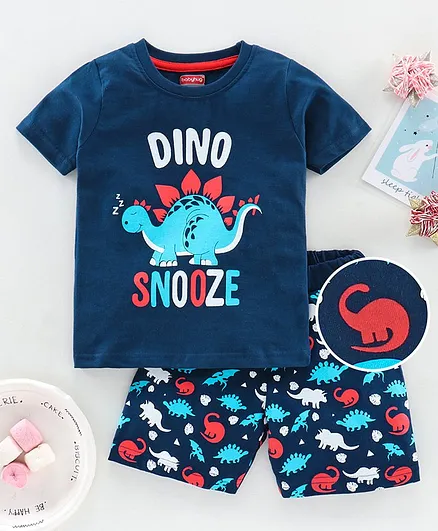 Babyhug Half Sleeves Night Suit Dino Print - Dark Blue