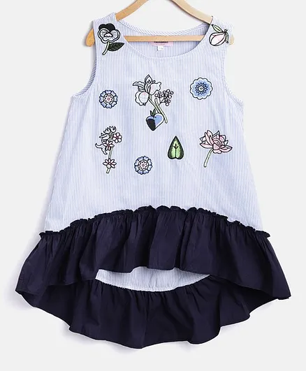 Natilene Sleeveless Striped & Embroidered Top - Blue