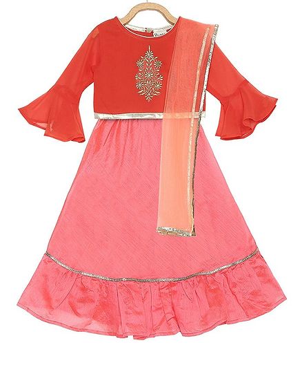 Rianna Full Bell Sleeves Floral Choli With Lehenga & Dupatta - Peach