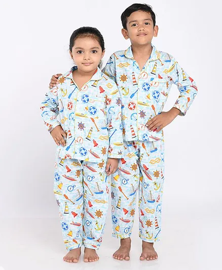 Knitting Doodles Ships & Anchor Print Full Sleeves Night Suit - White
