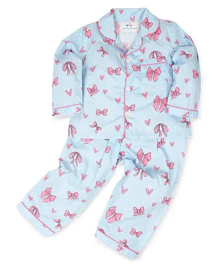 Knitting Doodles Full Sleeves Bows & Hearts Print Night Suit - Blue