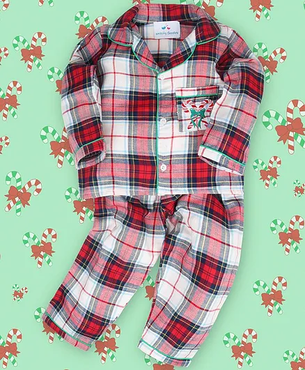 Knitting Doodles Full Sleeves Checked Nightsuit With Christmas Candy Stick Embroidery On Pocket - Red & White