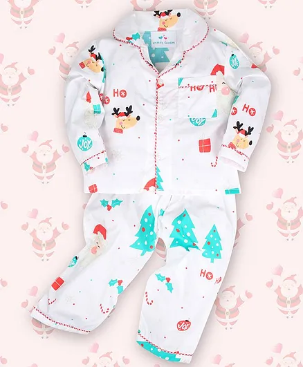 Knitting Doodles Full Sleeves Christmas Theme Print Night Suit - White
