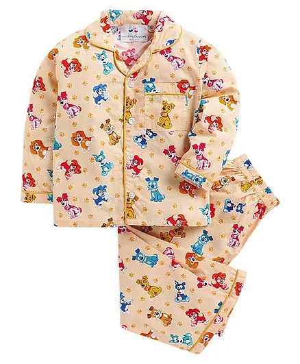 Knitting Doodles Full Sleeves All Over Dog Printed Night Suit - Yellow