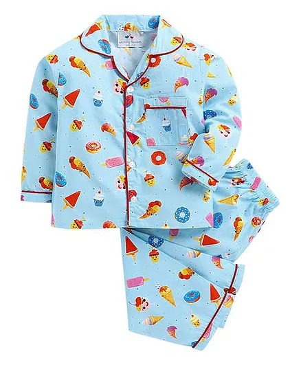 Knitting Doodles Full Sleeves All Over Popsicle & Donut Printed Night Suit - Light Blue