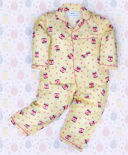 Knitting Doodles Full Sleeves Chocolate Jars & Hearts Printed Night Suit - Yellow