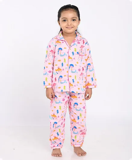 Knitting Doodles Full Sleeves Mermaids Printed Night Suit - Pink